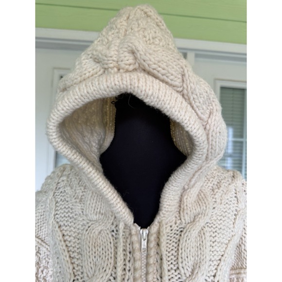 Y2K Native Knit Nordic Hand Made Sweater Wool Chunky Fisherman Sz M Hood Beige - Picture 3 of 8